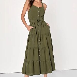 Lulus, See the City Olive Green Button-Front Tiered Midi Dress